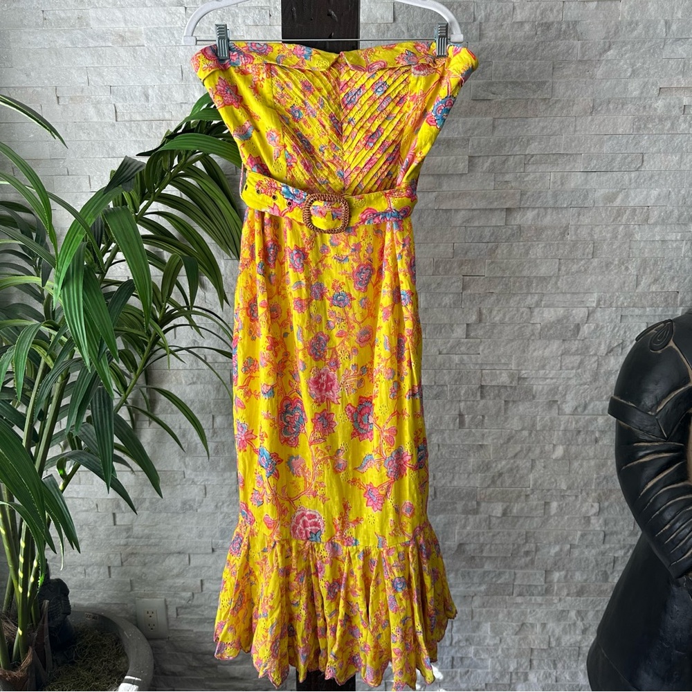 HEMANT & NANDITA “Raisa” Yellow Pink Floral Eyelet Smocked Tube Dress Size L NWT